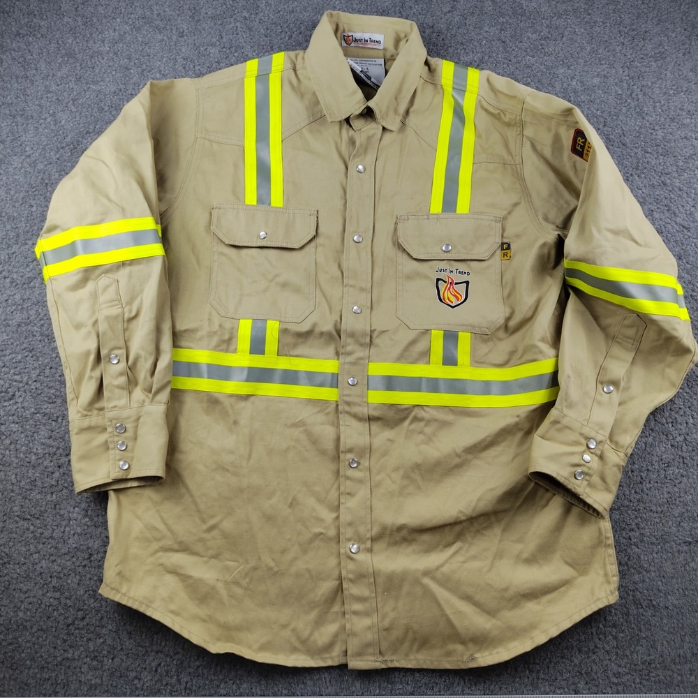 Just In Trend FR Shirt Mens Large FR Hi-Vis Reflective Tan HRC2 EUC